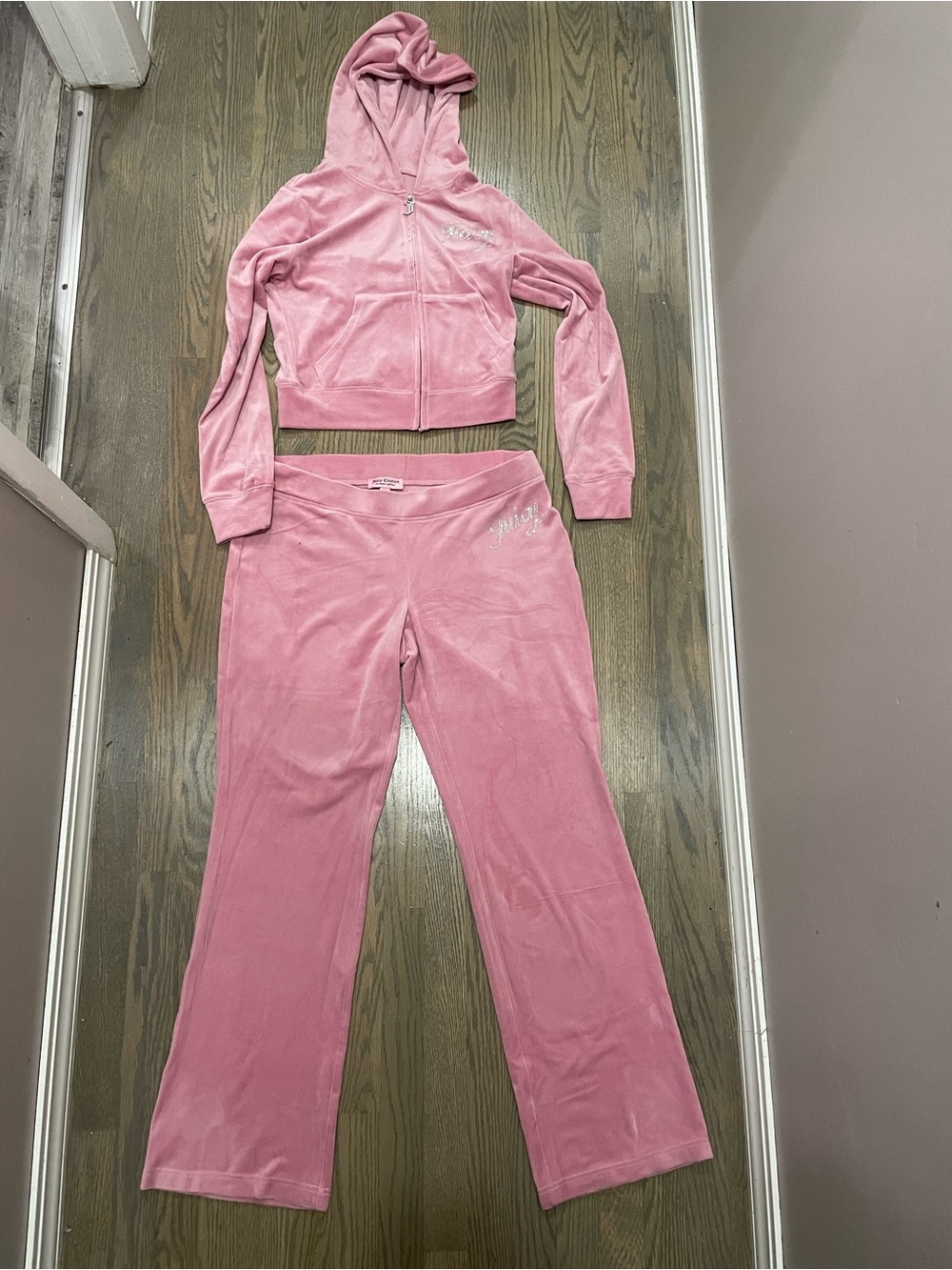 Juicy Couture Pink Velour Track Pants & Cropped Zip Hoodie Set